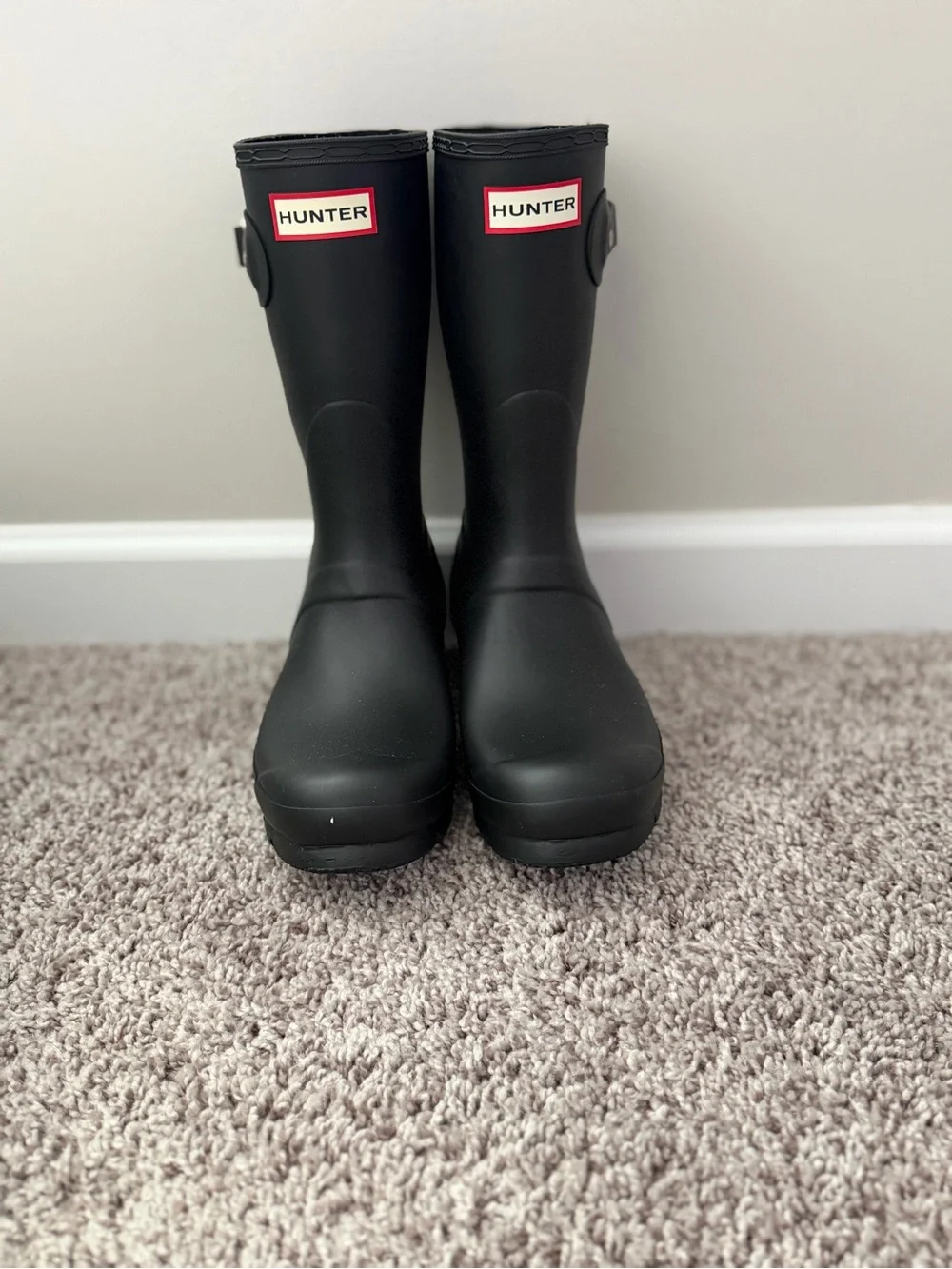 Hunter Black Matte Mid-Calf Rain Boots with Red Logo